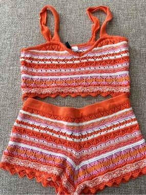 Divided Orange Crochet Two-Piece Crop Top and Shorts Set